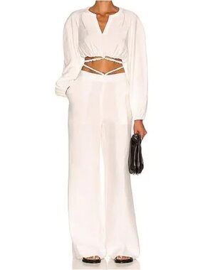 SIMKHAI Othello Top in White Split Neckline Elastic Strap Cropped Waist Tie Sm